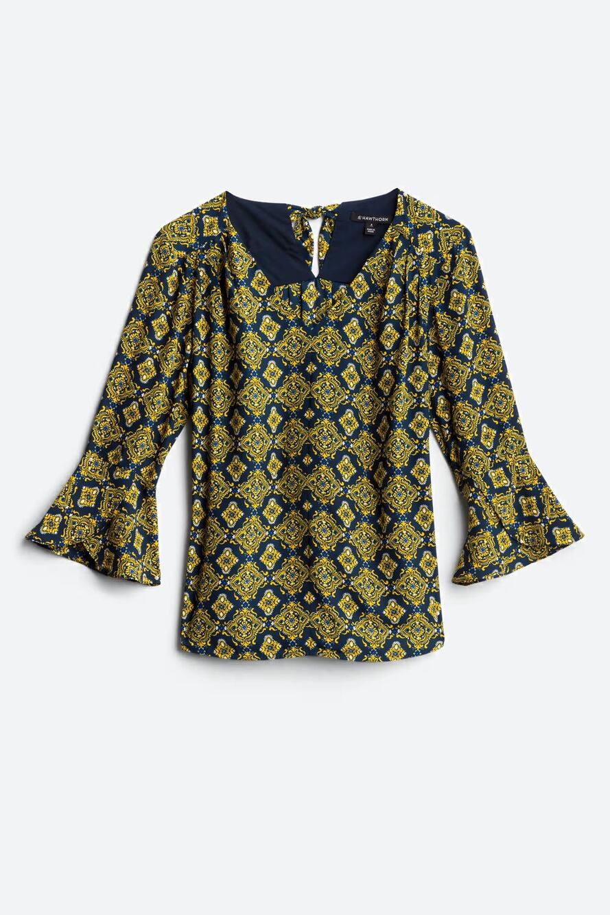 41 Hawthorn Navy & Yellow Medallion Print Bell Sleeve Top – Size XXL EUC